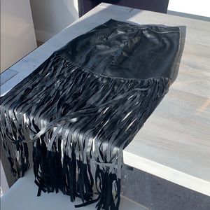 Black faux leather fringe skirt